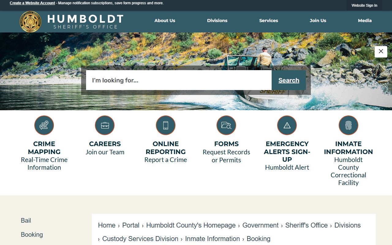 Humboldt County jail mugshots booking process page
