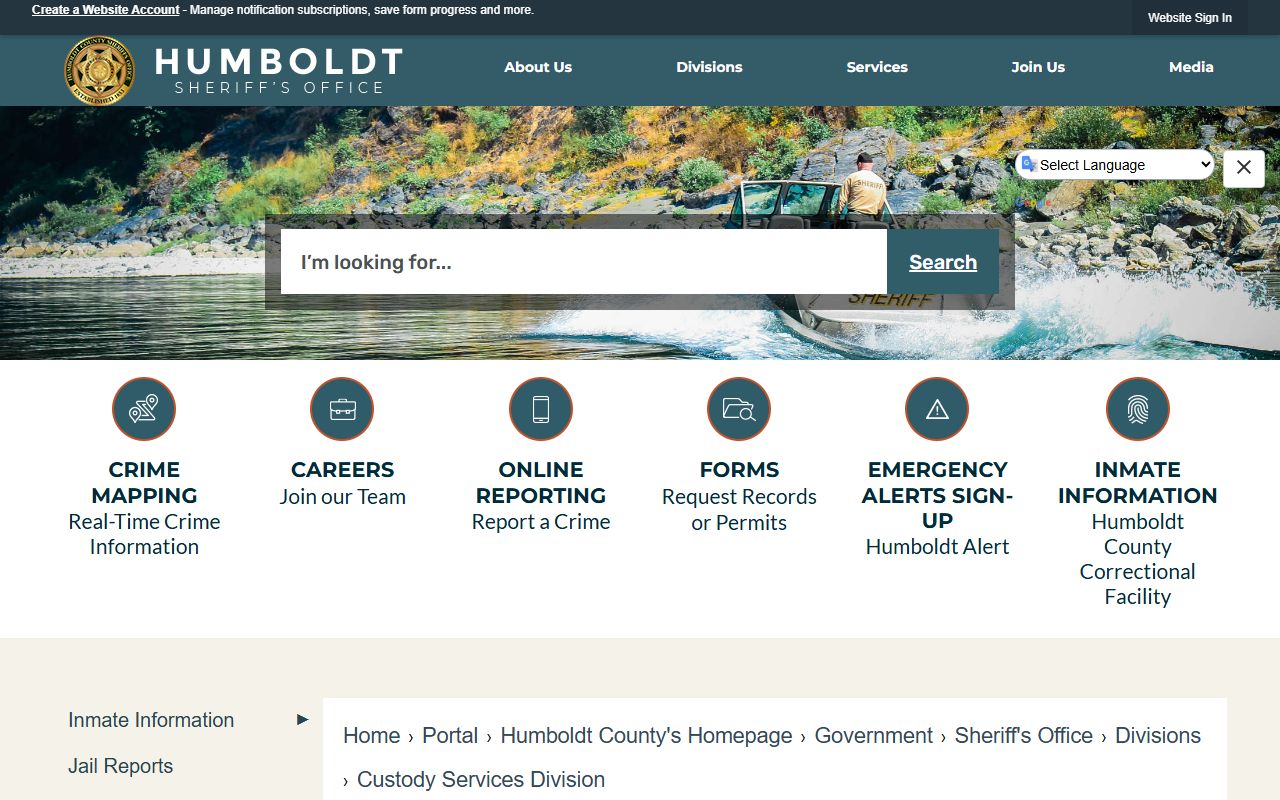 Humboldt County Correctional Facility custody services record information