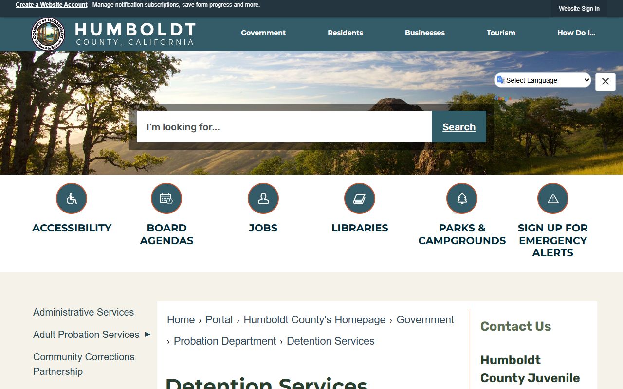Humboldt County Juvenile Hall custody and detention services information